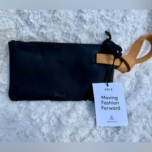 NWT Able Rachel Black Leather Wristlet Clutch with Tan Strap